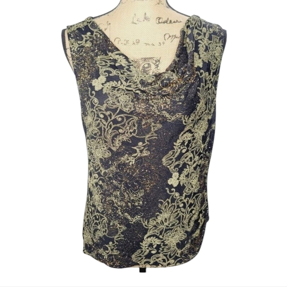 Vintage 90s Metallic Glitter Slinky Cowl Neck Shell Sleeveless Tank Top - Picture 1 of 13